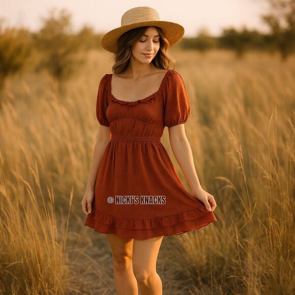 By The River Rust Polka Dot Mini Dress Puff Sleeve Ruffle Fit Flare Fall Size S - Picture 1 of 13